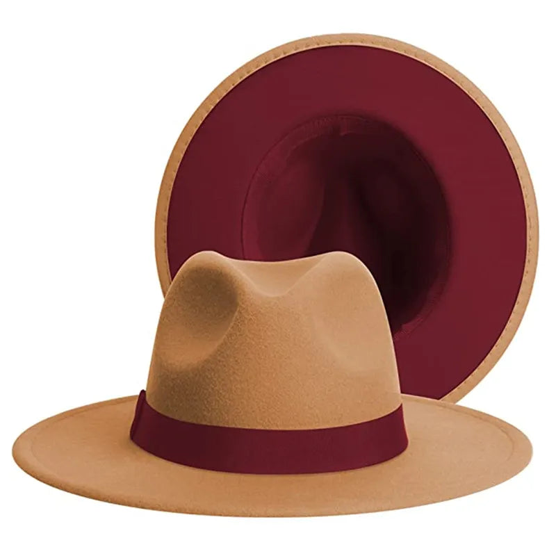 Unisex Two-Tone Felt Fedora Hat – Wide Brim Western Style