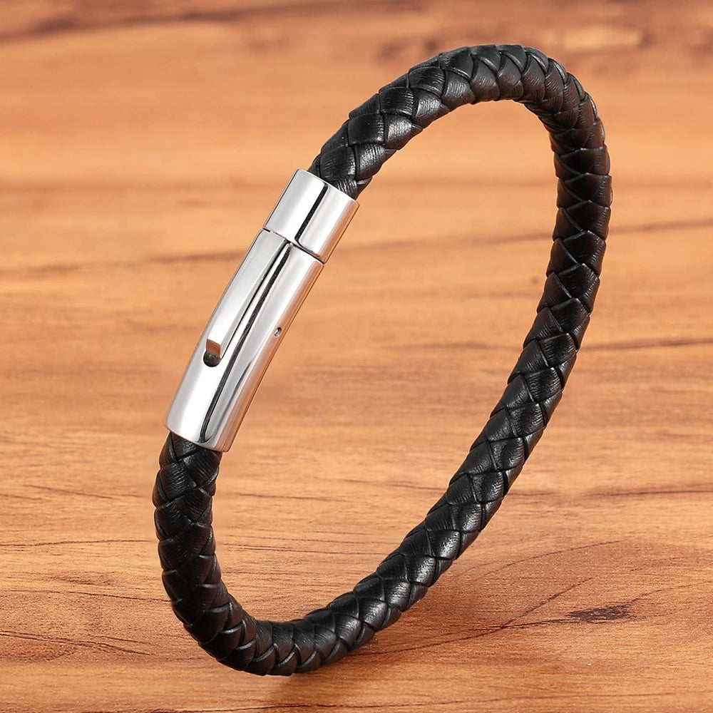 Men's Leather Button Bracelet – Simple Stainless Steel Wristband