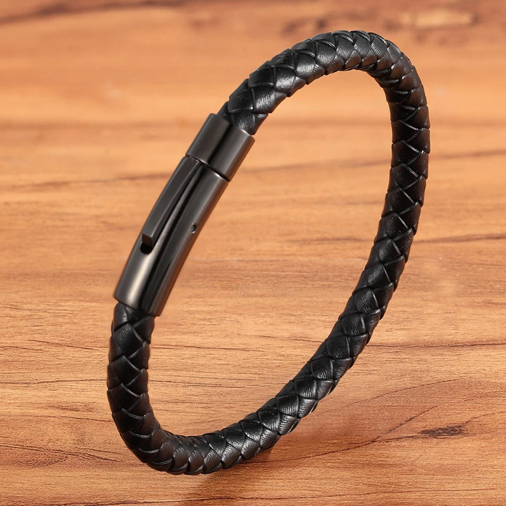 Men's Leather Button Bracelet – Simple Stainless Steel Wristband