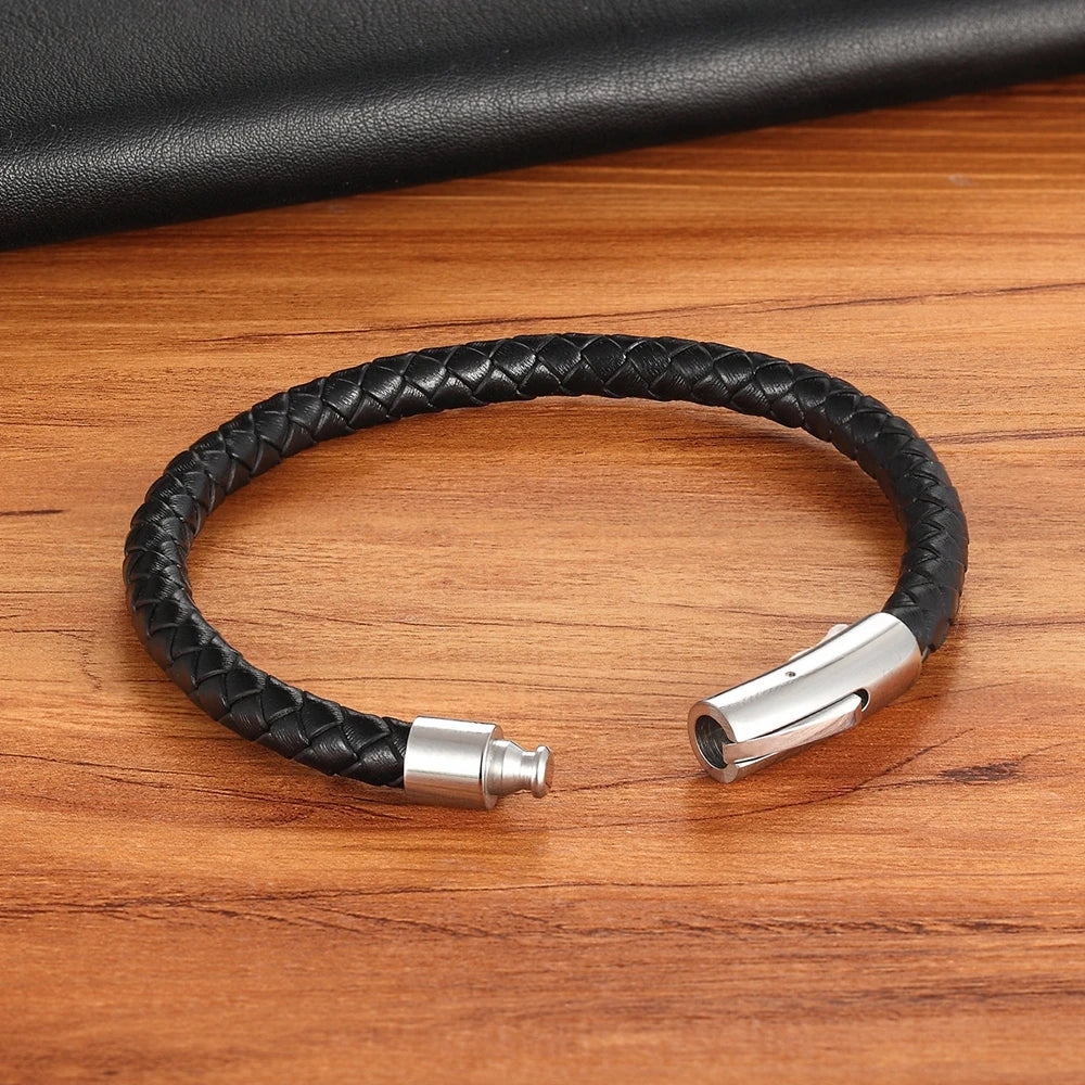 Men's Leather Button Bracelet – Simple Stainless Steel Wristband