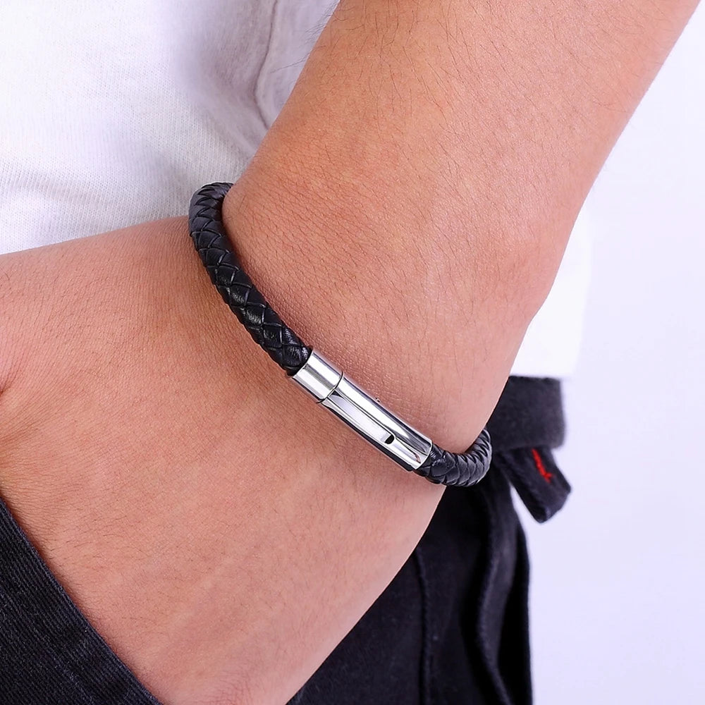 Men's Leather Button Bracelet – Simple Stainless Steel Wristband