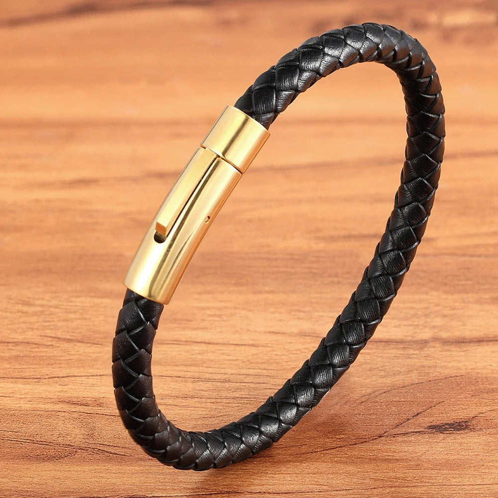 Men's Leather Button Bracelet – Simple Stainless Steel Wristband
