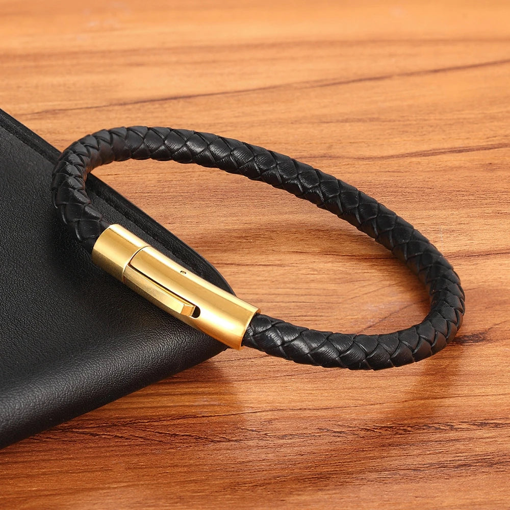 Men's Leather Button Bracelet – Simple Stainless Steel Wristband