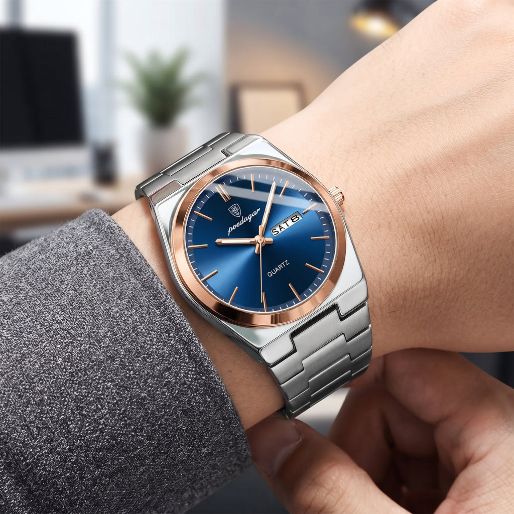 Men's Casual Quartz Watch – Date & Day Display, Waterproof