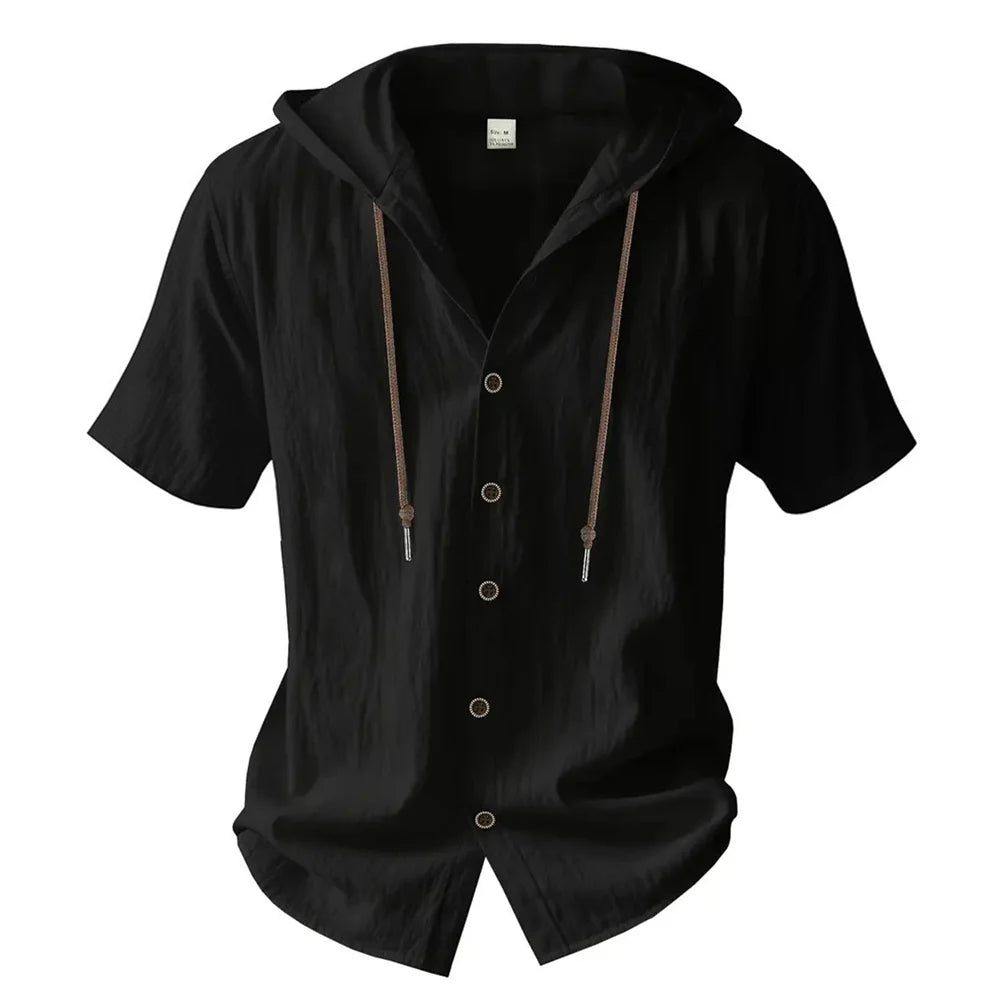Men's Cotton Linen Short-Sleeve Shirt – Hooded Drawstring Design