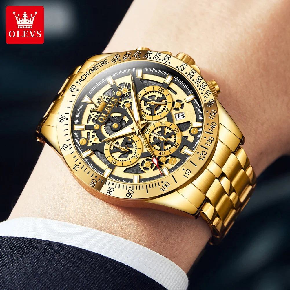 Men's Gold Skeleton Chronograph Watch – Stainless Steel Wristwatch