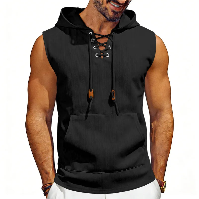 Men's Sleeveless Hooded Tank Top – Drawstring Gym Vest