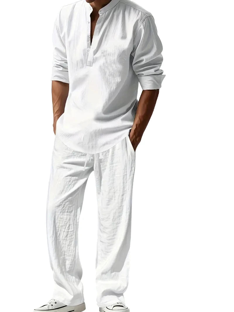 Men's Linen Two-Piece Set – Henley Shirt & Elastic Waist Trousers