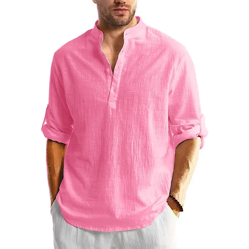 Men's Linen Cotton Henley Shirt – Long Sleeve Beach Top