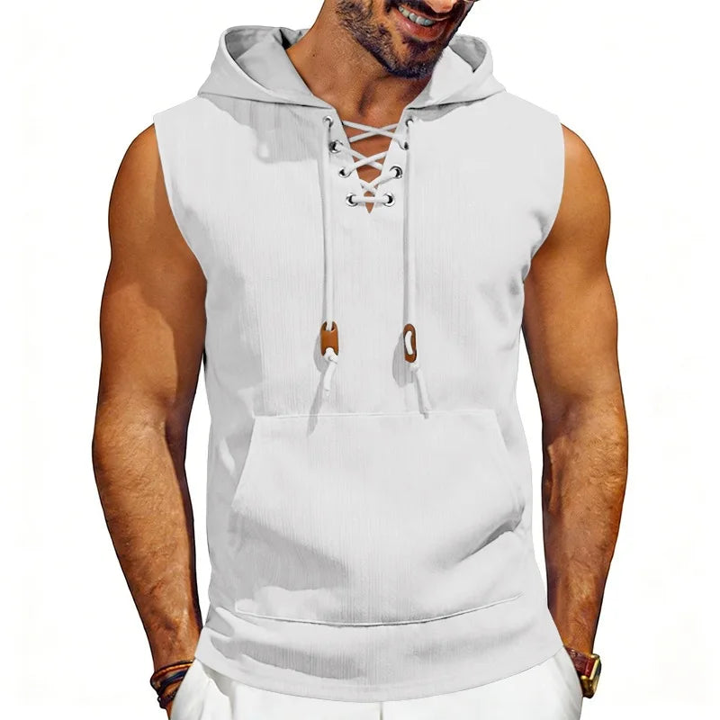 Men's Sleeveless Hooded Tank Top – Drawstring Gym Vest