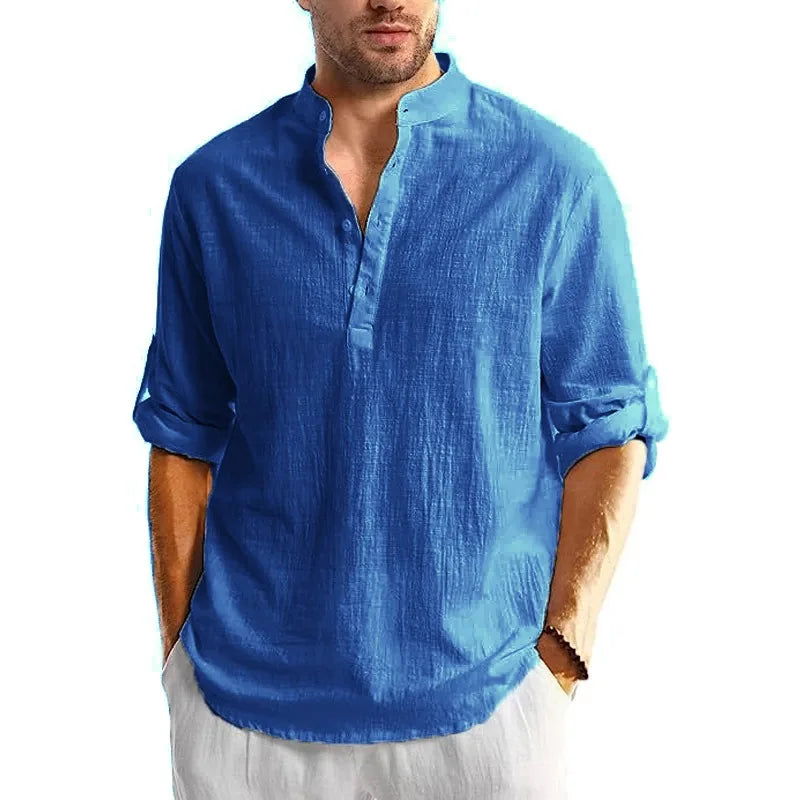 Men's Linen Cotton Henley Shirt – Long Sleeve Beach Top