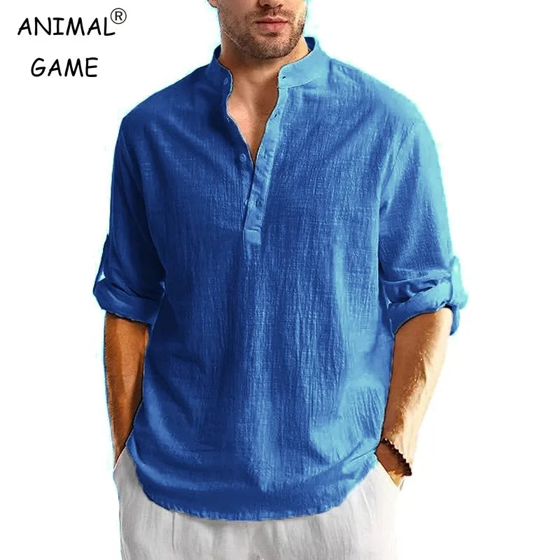 Men's Linen Cotton Henley Shirt – Long Sleeve Beach Top