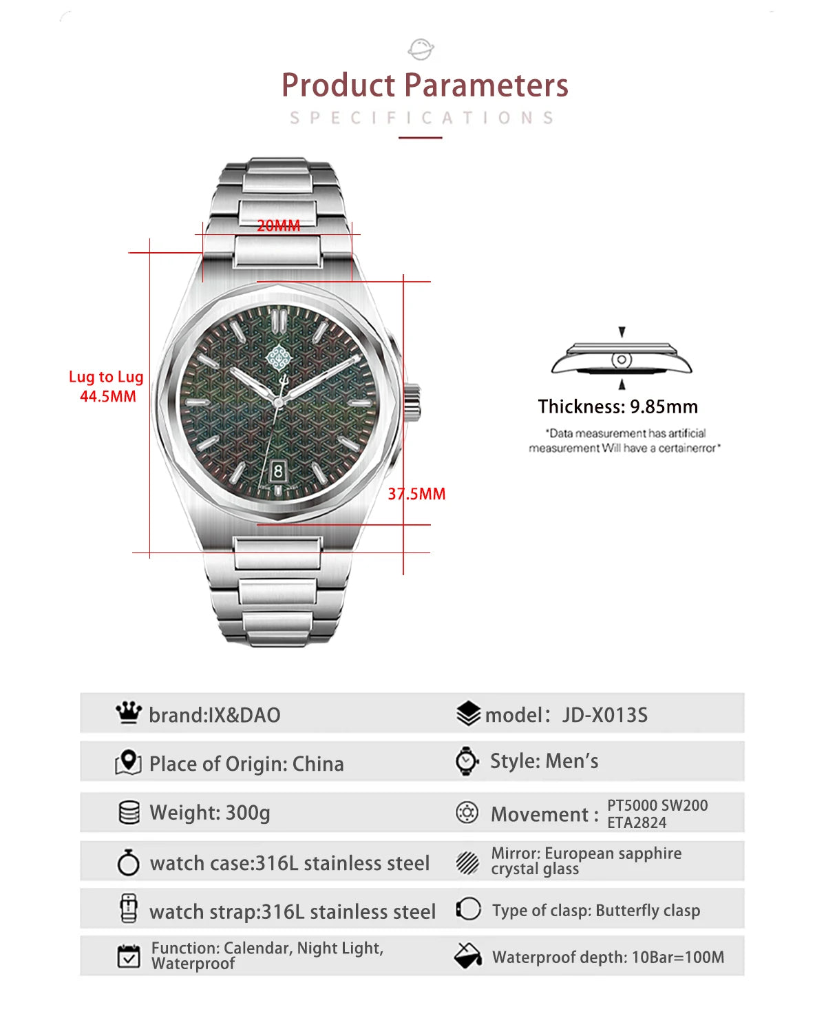 Men's Automatic Mechanical Watch – Sapphire Crystal, 10 Bar Water Resistance