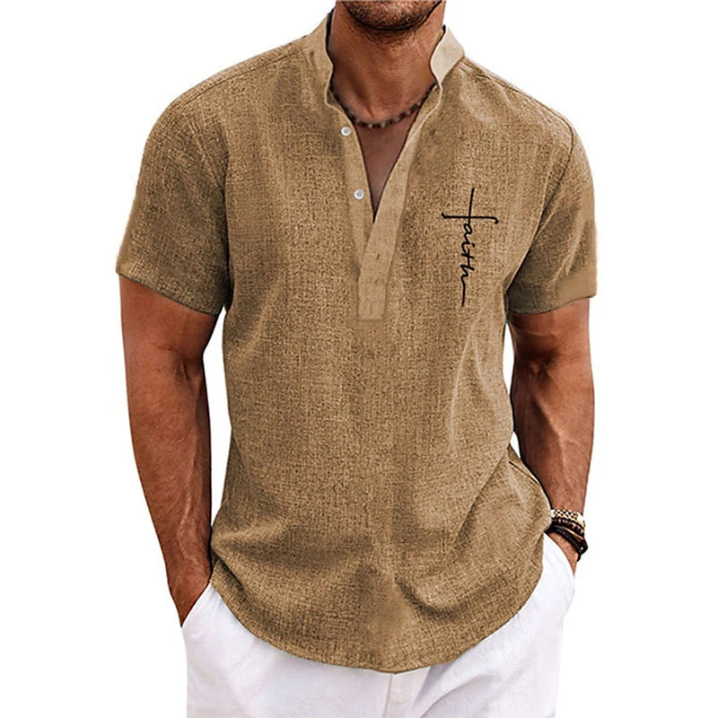 Men's Oversized Henley T-Shirt – Stand Collar Graphic Tee