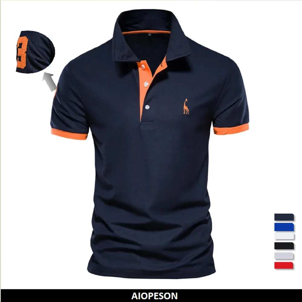Men's Embroidered Polo Shirt – Contrast Collar Casual Top