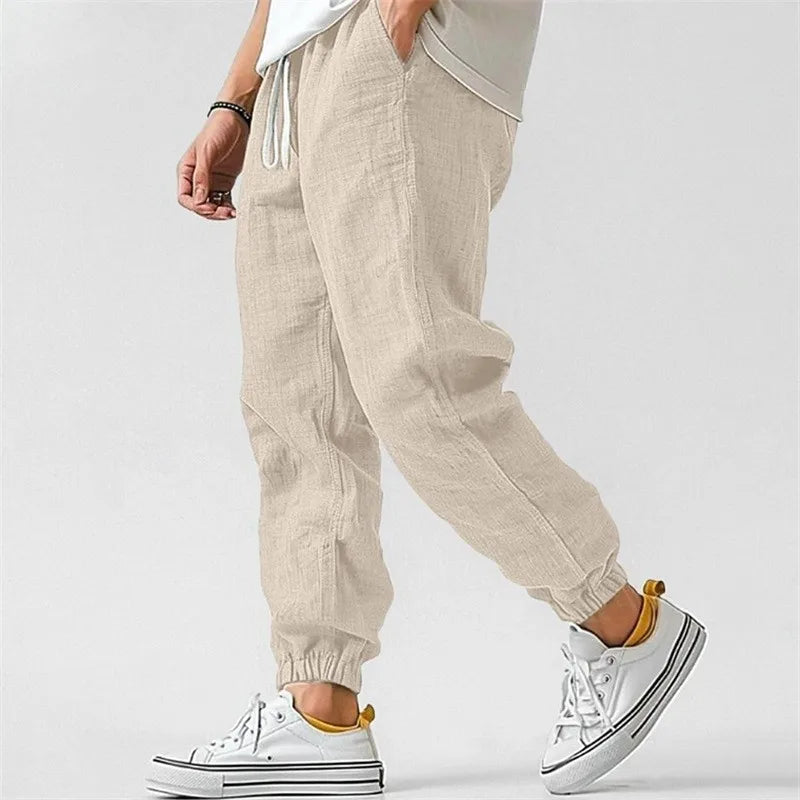 Men's Cotton Linen Ankle Joggers – Elastic Waist Casual Trousers