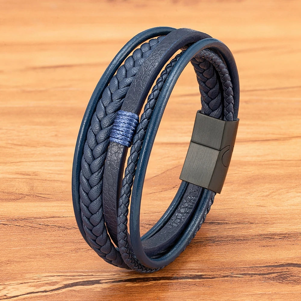 Men's Hand-Woven Leather Bracelet – Multilayer Stainless Steel Bangle