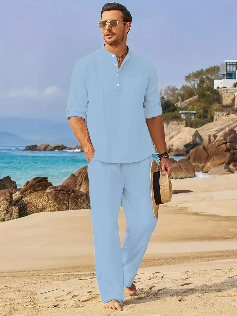 Men's Linen Two-Piece Set – Henley Shirt & Elastic Waist Trousers