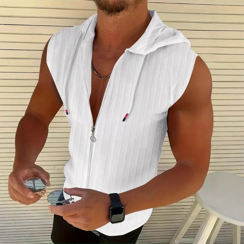 Men's Textured Hooded Tank Top – Zip-Up Sleeveless Top