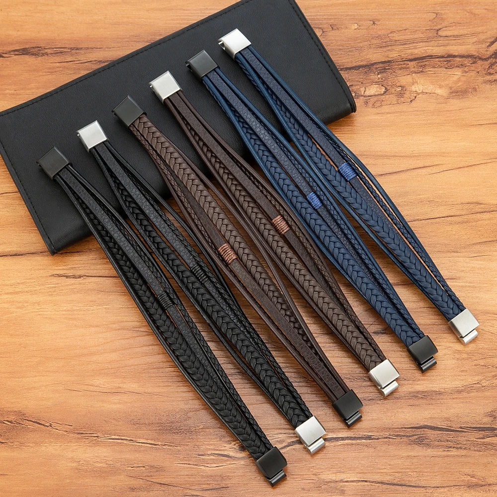 Men's Hand-Woven Leather Bracelet – Multilayer Stainless Steel Bangle