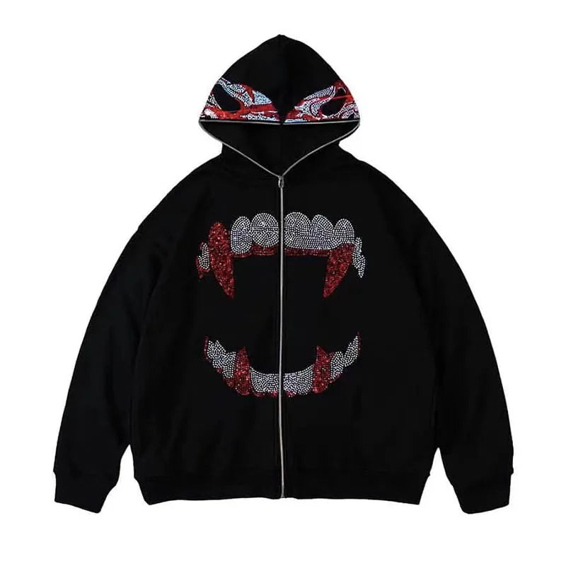Unisex Rhinestone Zip Hoodie – Y2K Gothic Oversized Sweatshirt