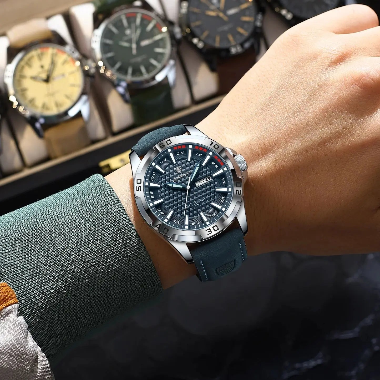 Men's Leather Strap Quartz Watch – Waterproof Sports Watch