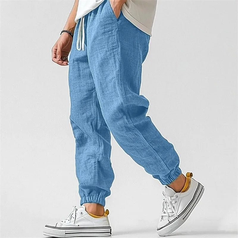 Men's Cotton Linen Ankle Joggers – Elastic Waist Casual Trousers
