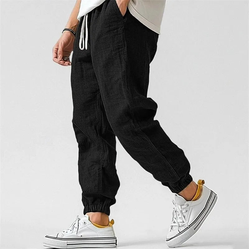 Men's Cotton Linen Ankle Joggers – Elastic Waist Casual Trousers