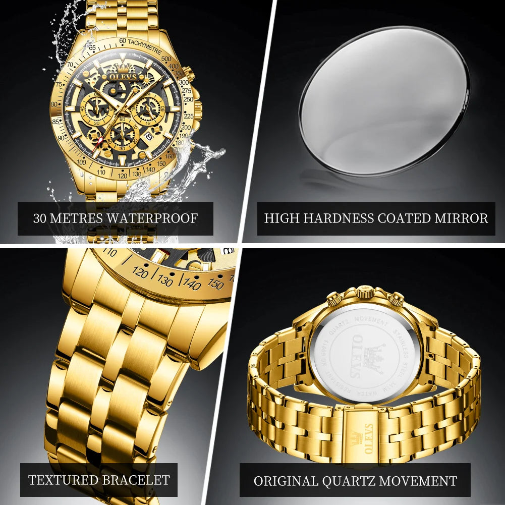 Men's Gold Skeleton Chronograph Watch – Stainless Steel Wristwatch
