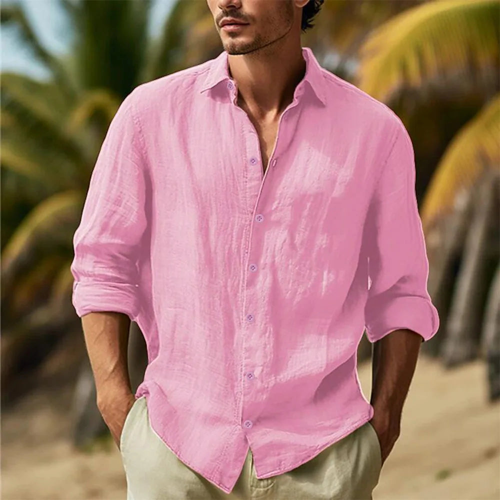 Men's Cotton Linen Hawaiian Shirt – Lightweight Turn-Down Collar