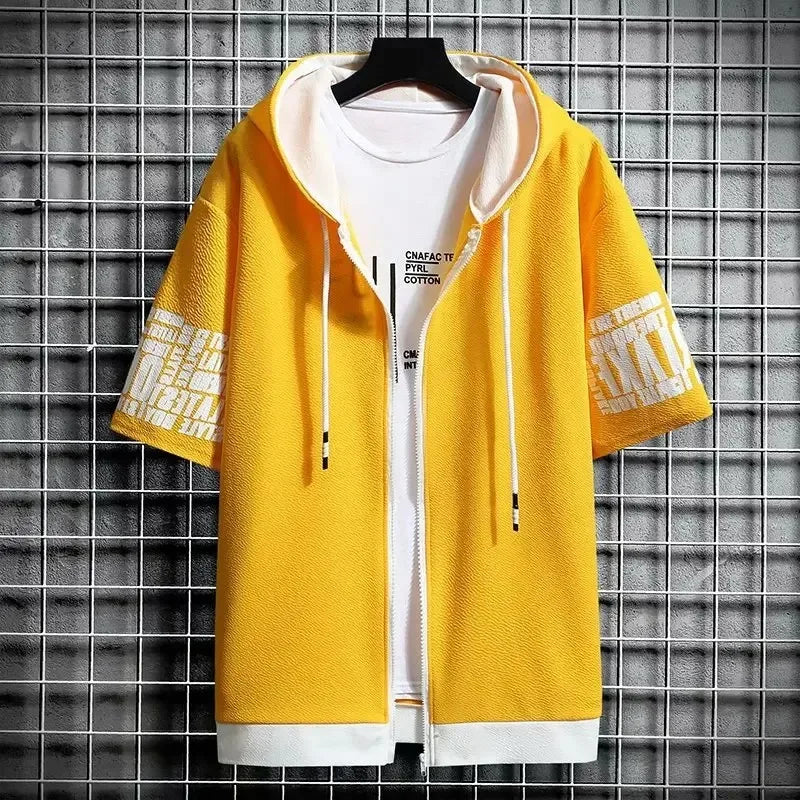 Men's Zip Hoodie T-Shirt – Graphic Print Short Sleeve Top