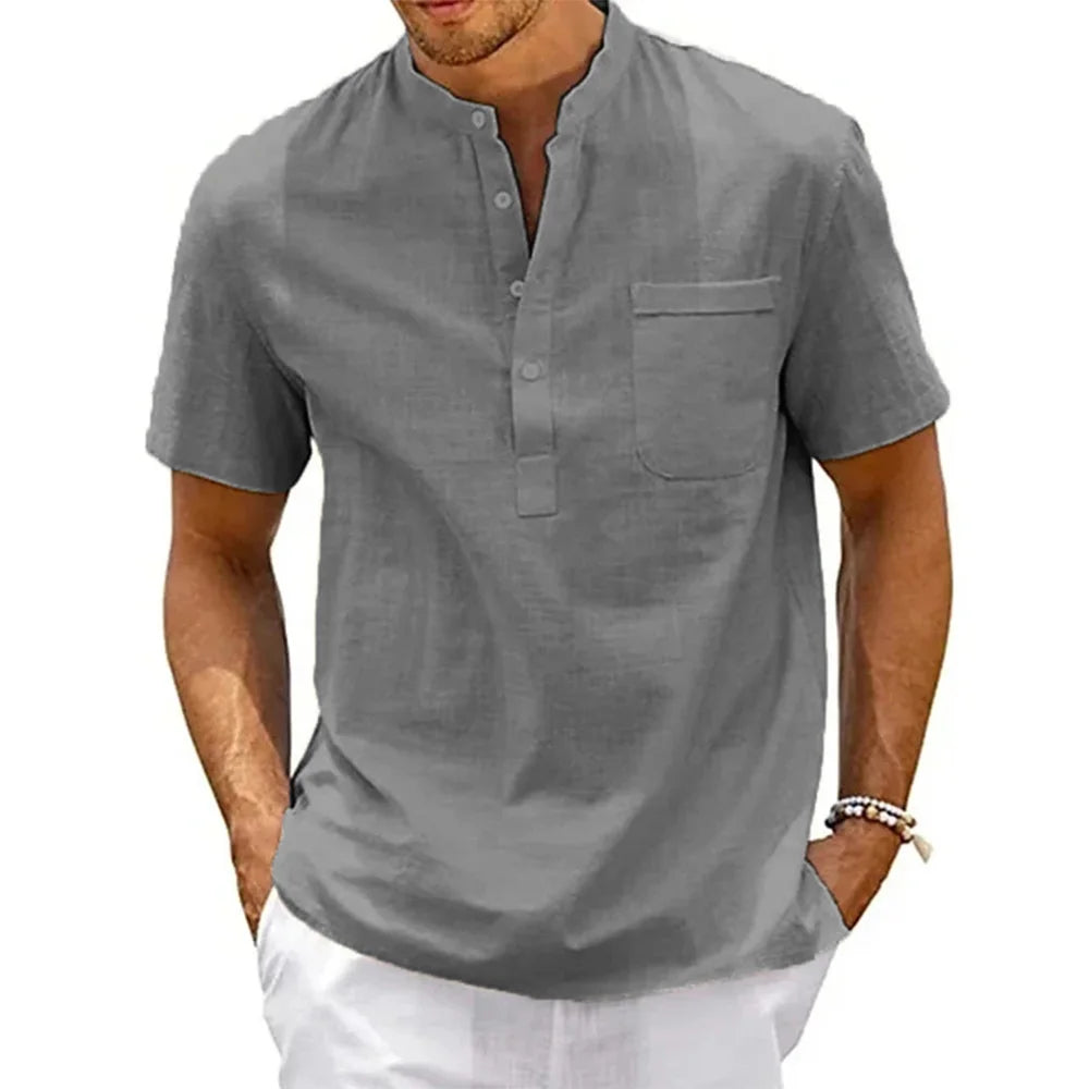 Men's Cotton Linen Henley Shirt – Casual Beach Short-Sleeve Top