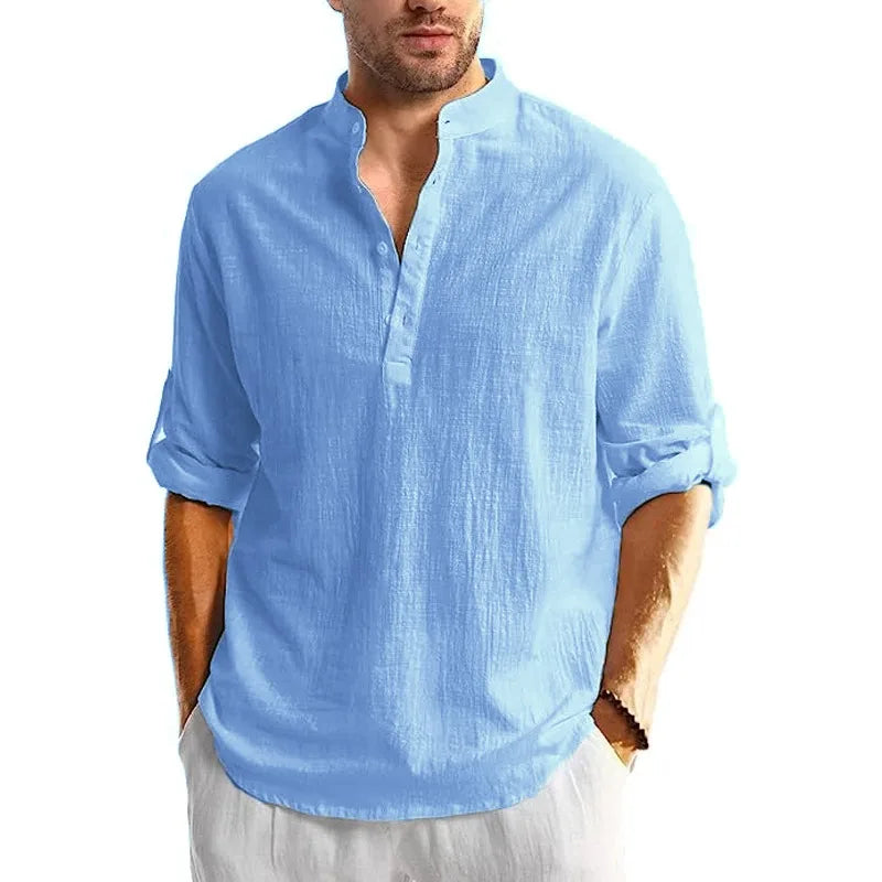 Men's Linen Cotton Henley Shirt – Long Sleeve Beach Top