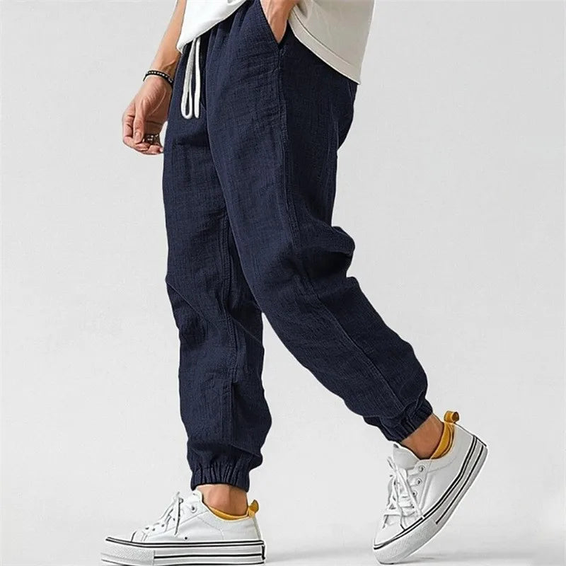 Men's Cotton Linen Ankle Joggers – Elastic Waist Casual Trousers