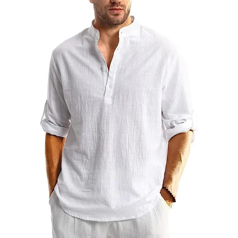Men's Linen Cotton Henley Shirt – Long Sleeve Beach Top