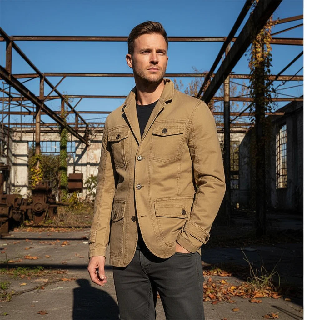Men's Military-Style Jacket – Cotton Trench Coat with Multi-Pocket Design