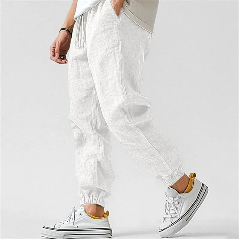 Men's Cotton Linen Ankle Joggers – Elastic Waist Casual Trousers