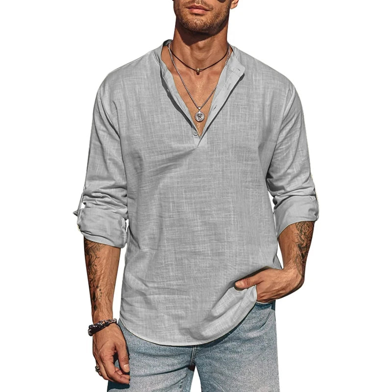 Men's Long Sleeve Stand Collar Shirt – Cotton Business Casual Top