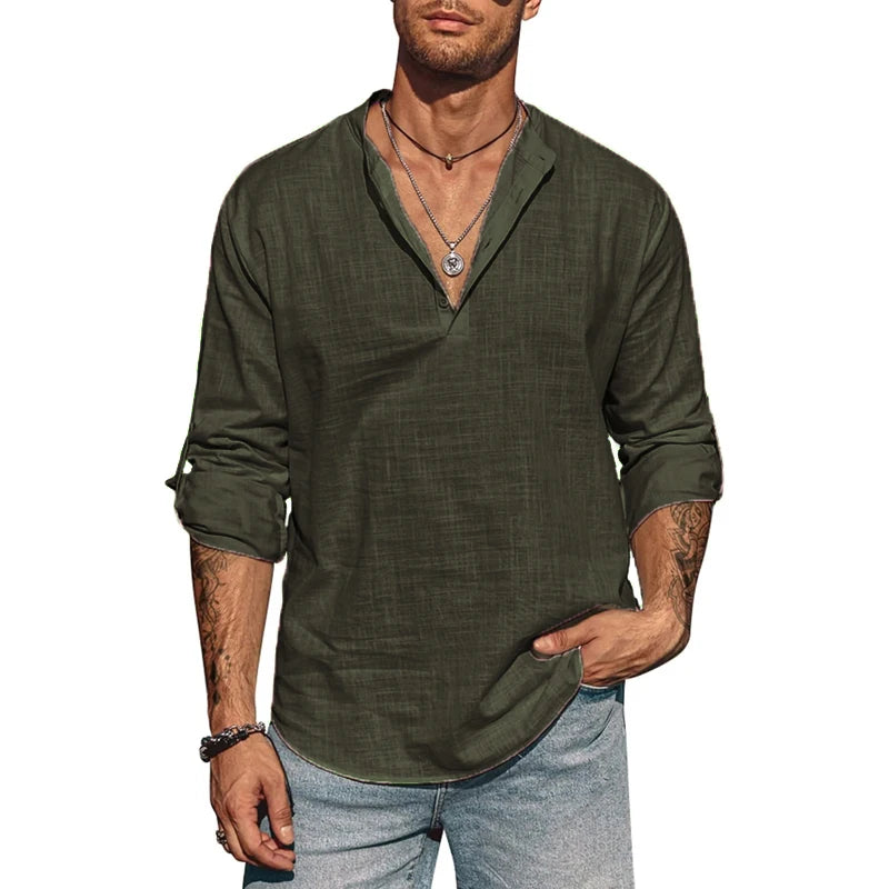 Men's Long Sleeve Stand Collar Shirt – Cotton Business Casual Top