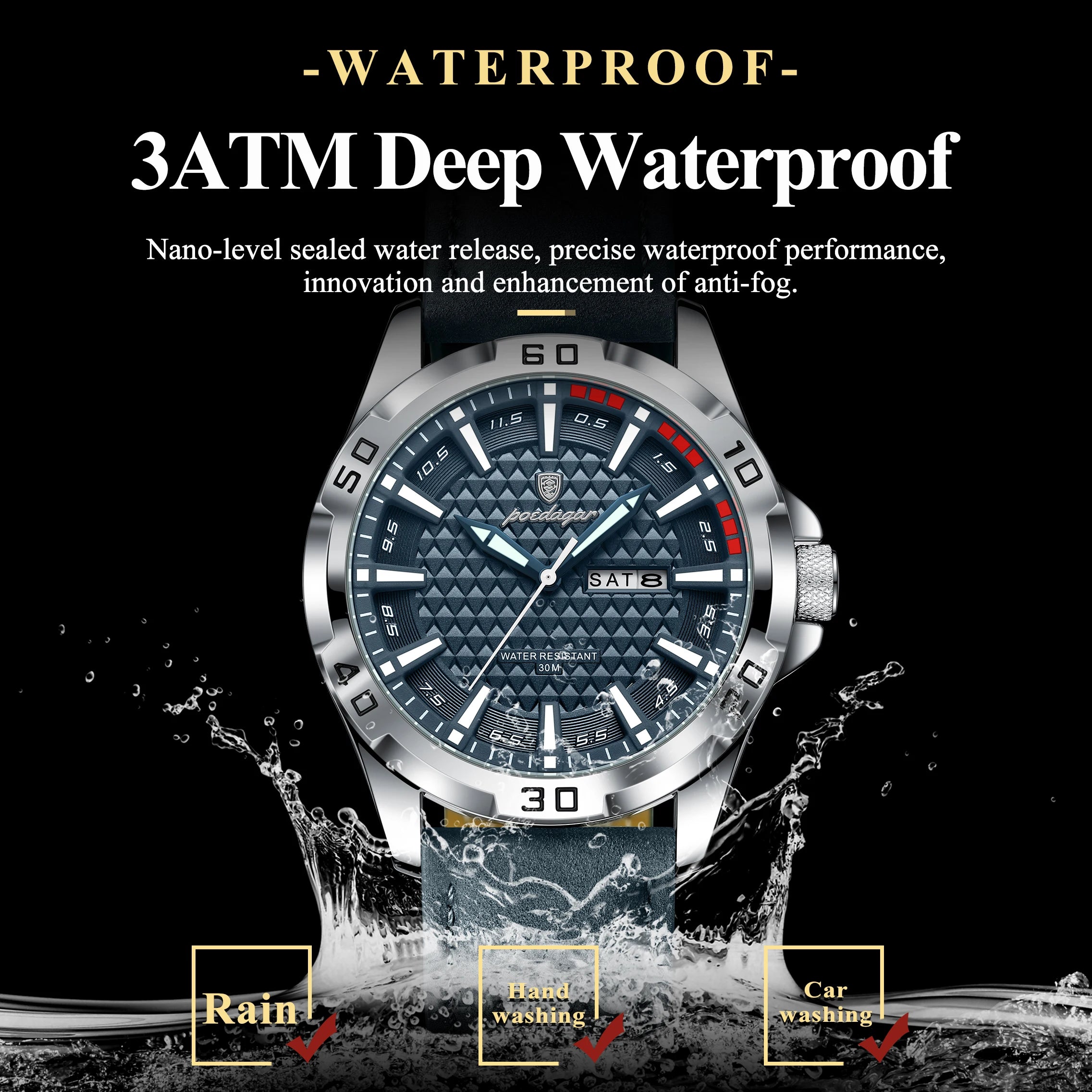 Men's Leather Strap Quartz Watch – Waterproof Sports Watch