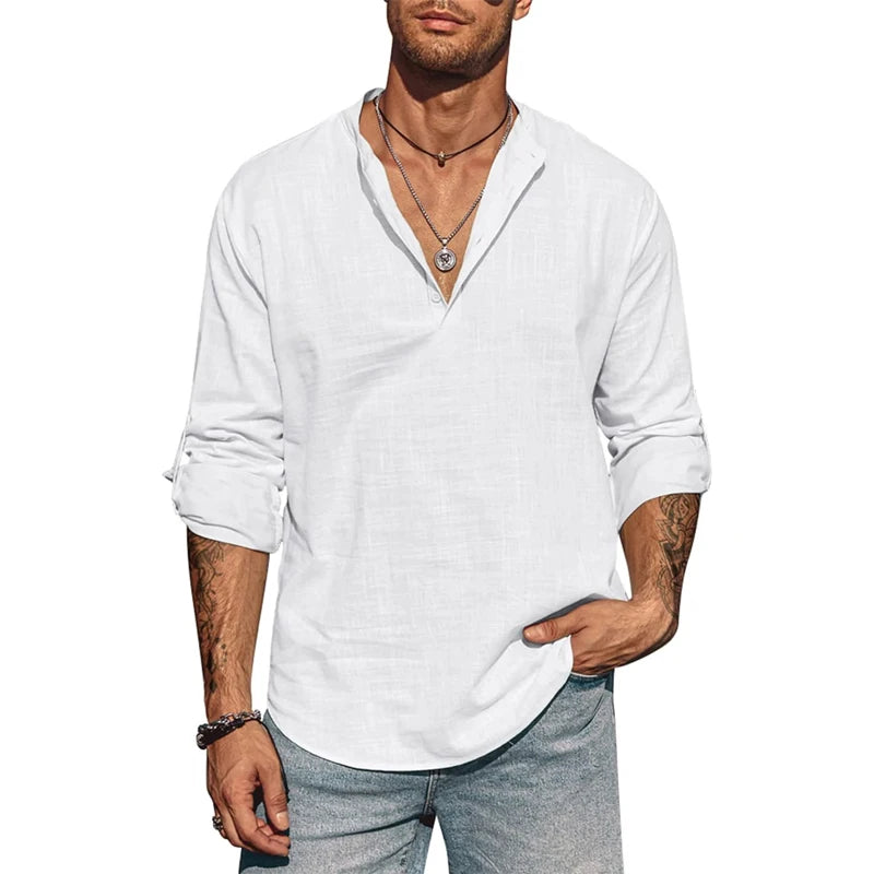 Men's Long Sleeve Stand Collar Shirt – Cotton Business Casual Top
