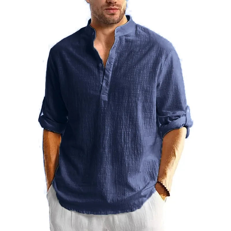 Men's Linen Cotton Henley Shirt – Long Sleeve Beach Top