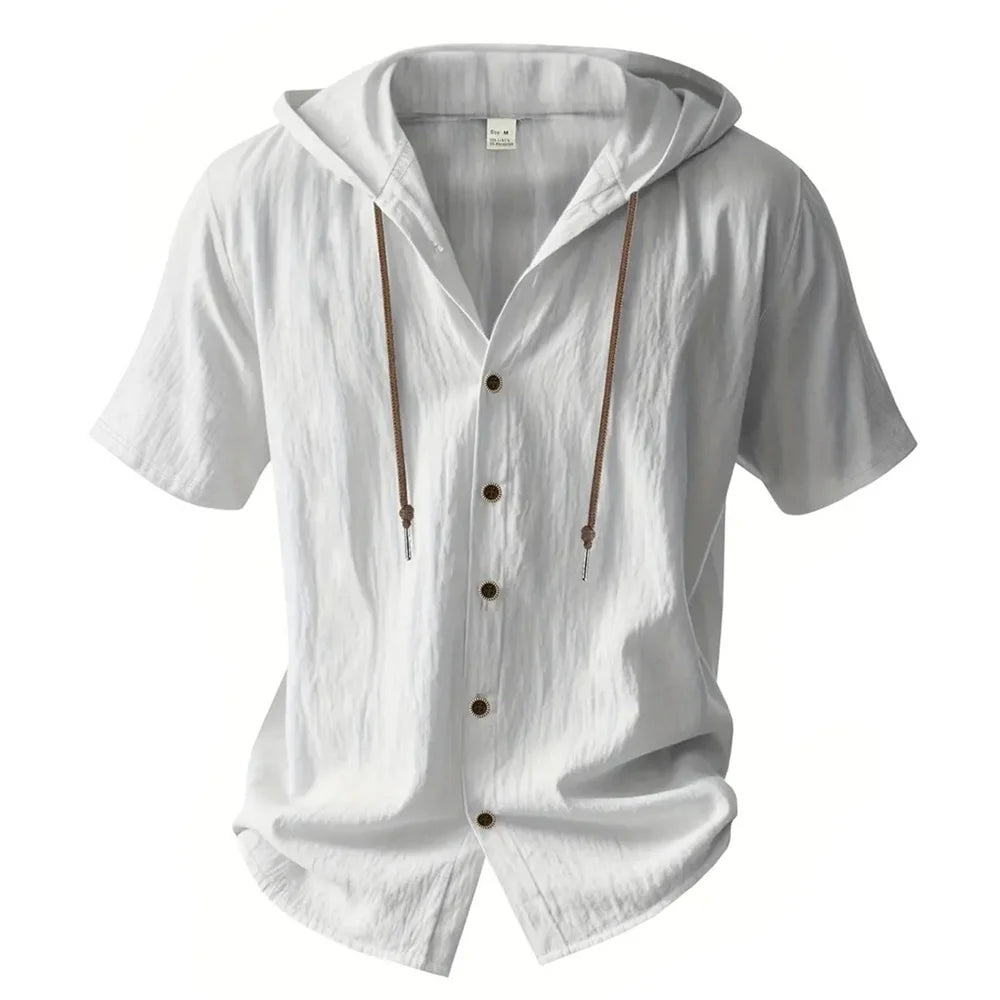 Men's Cotton Linen Short-Sleeve Shirt – Hooded Drawstring Design