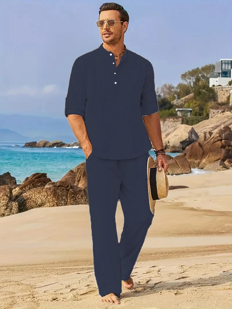 Men's Linen Two-Piece Set – Henley Shirt & Elastic Waist Trousers