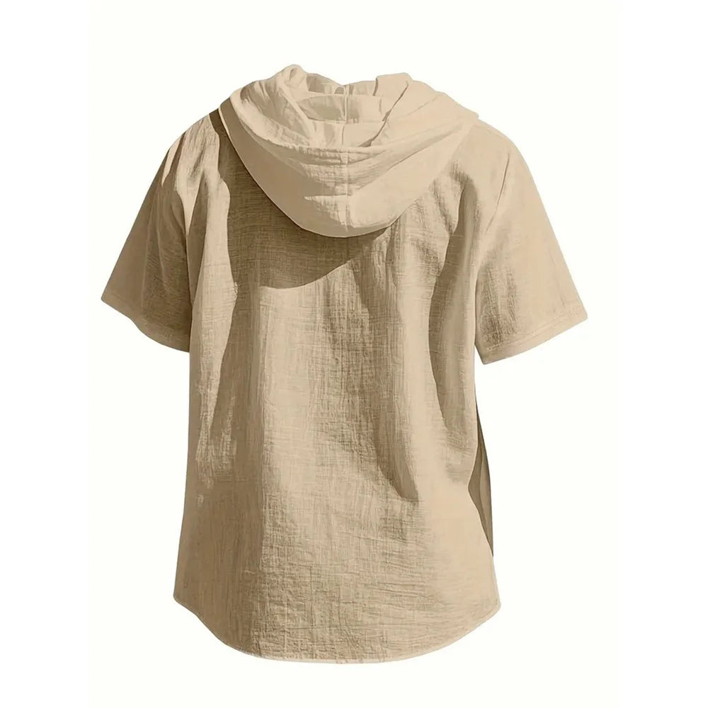Men's Cotton Linen Short-Sleeve Shirt – Hooded Drawstring Design