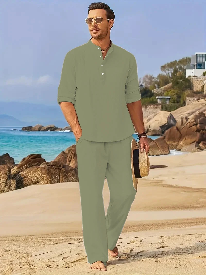 Men's Linen Two-Piece Set – Henley Shirt & Elastic Waist Trousers