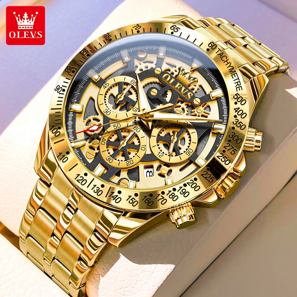 Men's Gold Skeleton Chronograph Watch – Stainless Steel Wristwatch