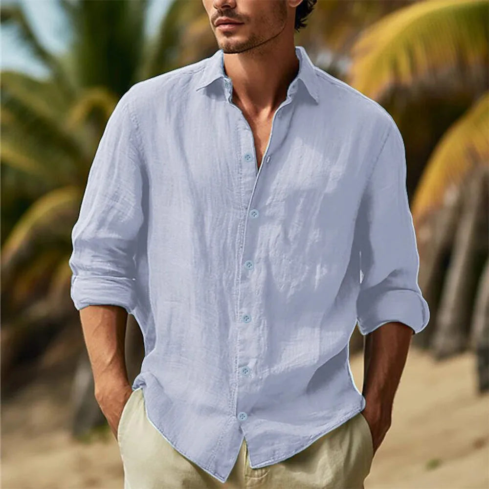 Men's Cotton Linen Hawaiian Shirt – Lightweight Turn-Down Collar