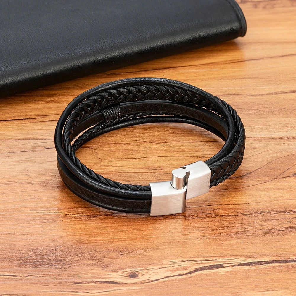 Men's Hand-Woven Leather Bracelet – Multilayer Stainless Steel Bangle