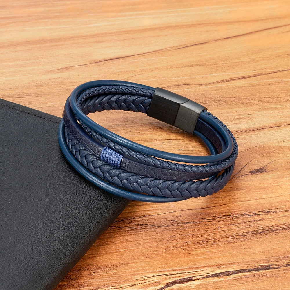 Men's Hand-Woven Leather Bracelet – Multilayer Stainless Steel Bangle